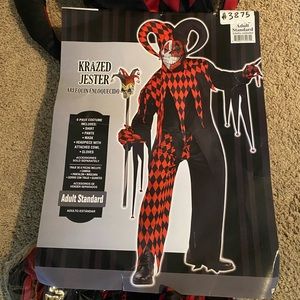 Mens Jester Costume. Size Mens Standard. 6 piece set. Crazed Jester